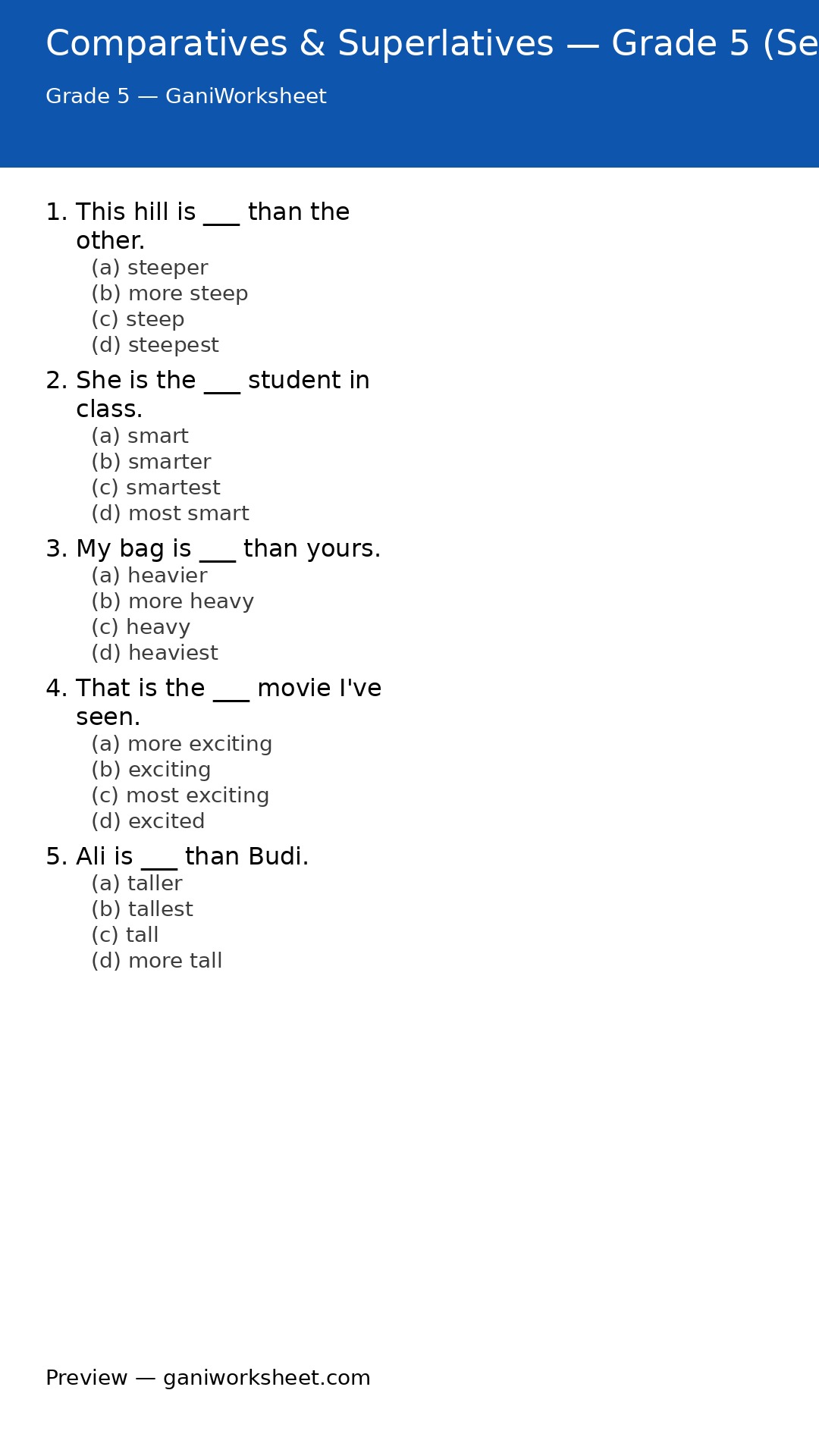 Comparatives & Superlatives — Grade 5 (Set 1) — preview of questions