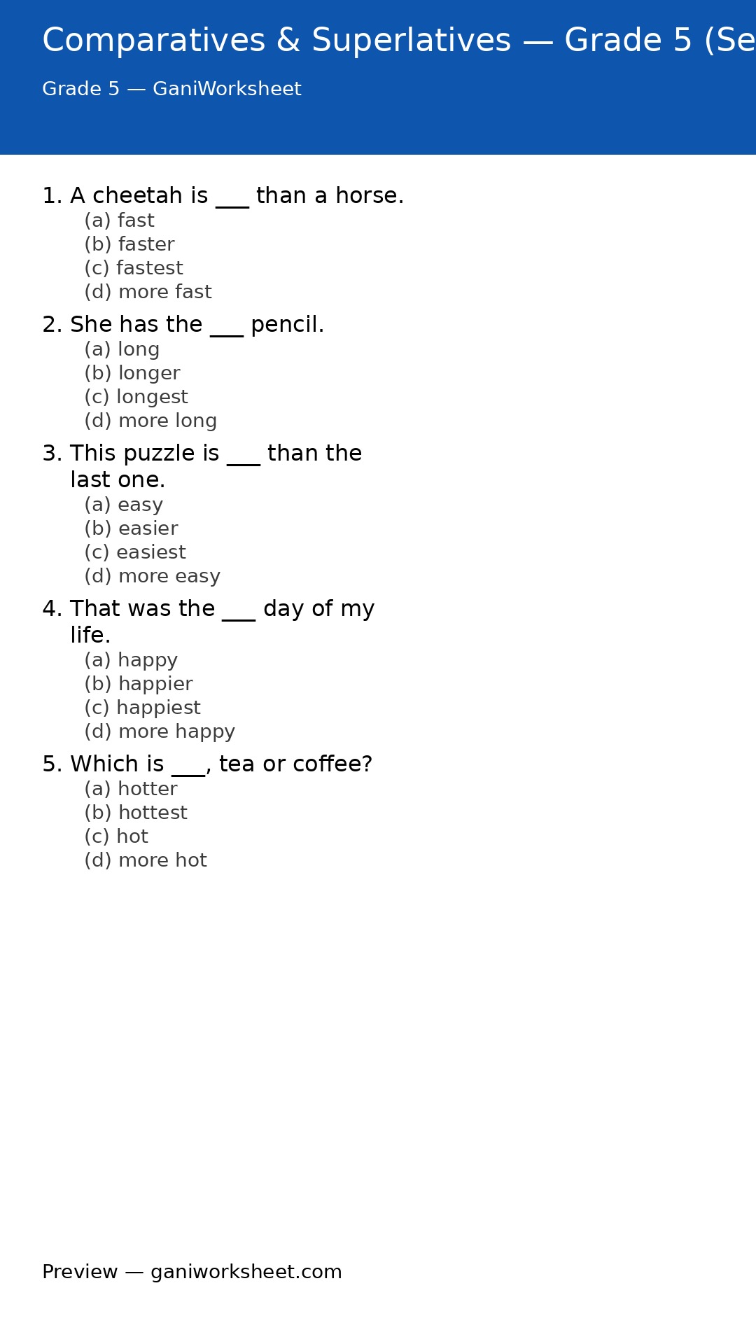 Comparatives & Superlatives — Grade 5 (Set 2) — preview of questions