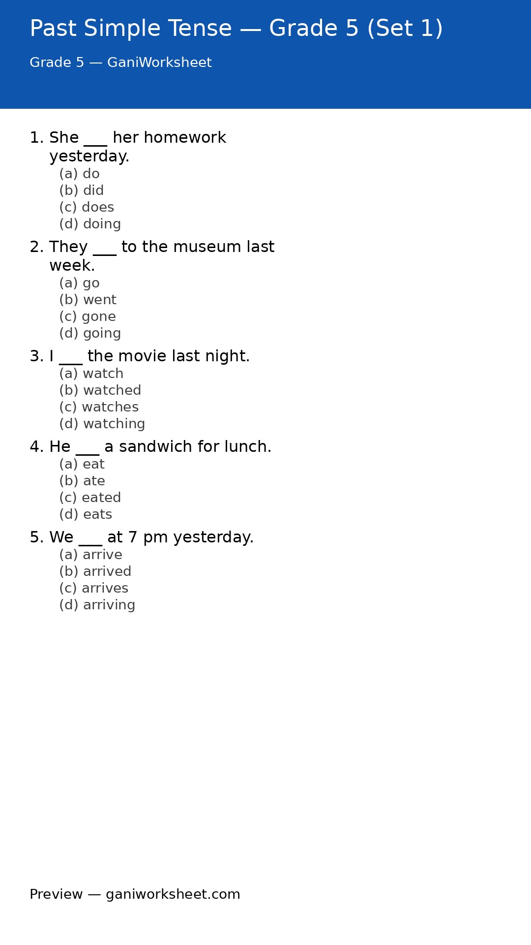 Past Simple Tense — Grade 5 (Set 1) — preview of questions