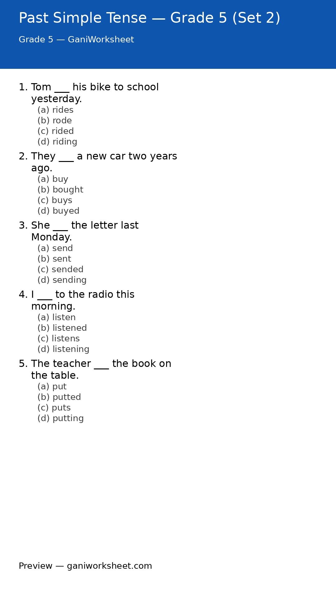 Past Simple Tense — Grade 5 (Set 2) — preview of questions
