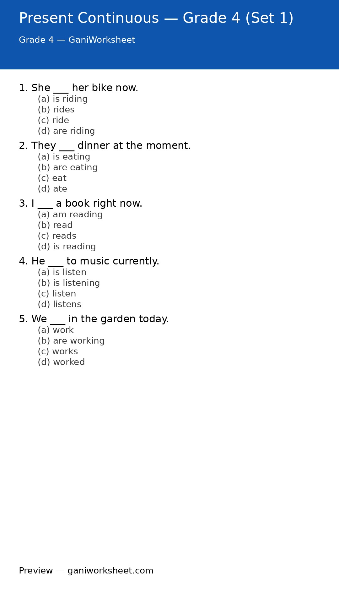 Present Continuous — Grade 4 (Set 1) — preview of questions