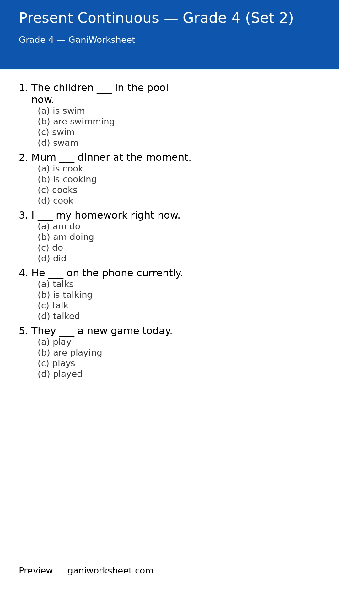 Present Continuous — Grade 4 (Set 2) — preview of questions