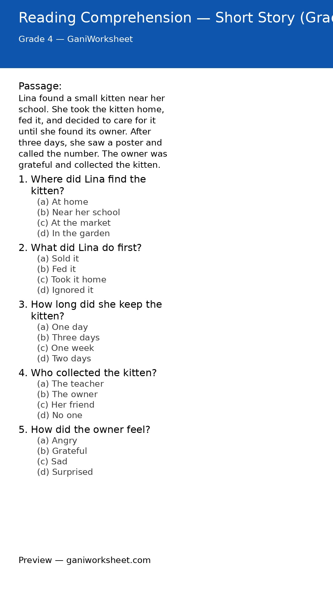 Reading Comprehension — Short Story (Grade 4) (Set 1) — preview of questions