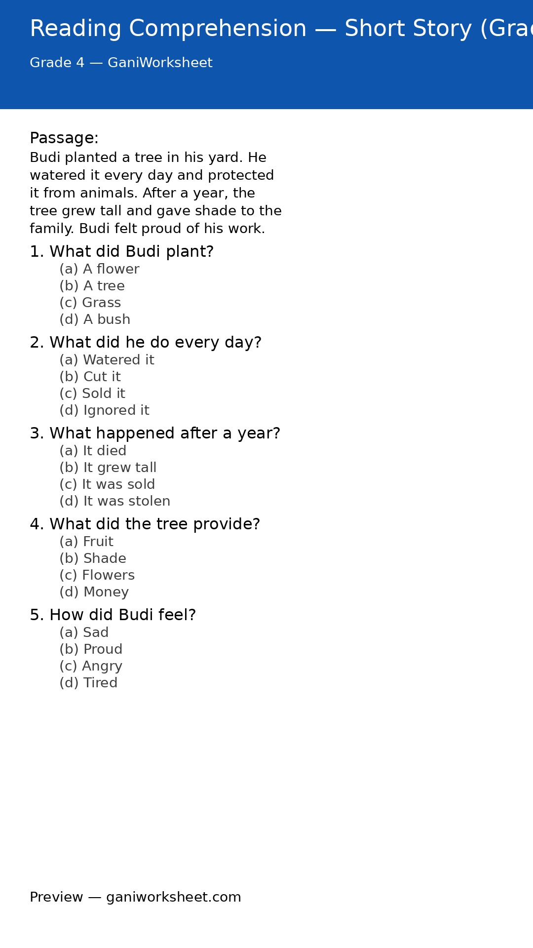 Reading Comprehension — Short Story (Grade 4) (Set 2) — preview of questions