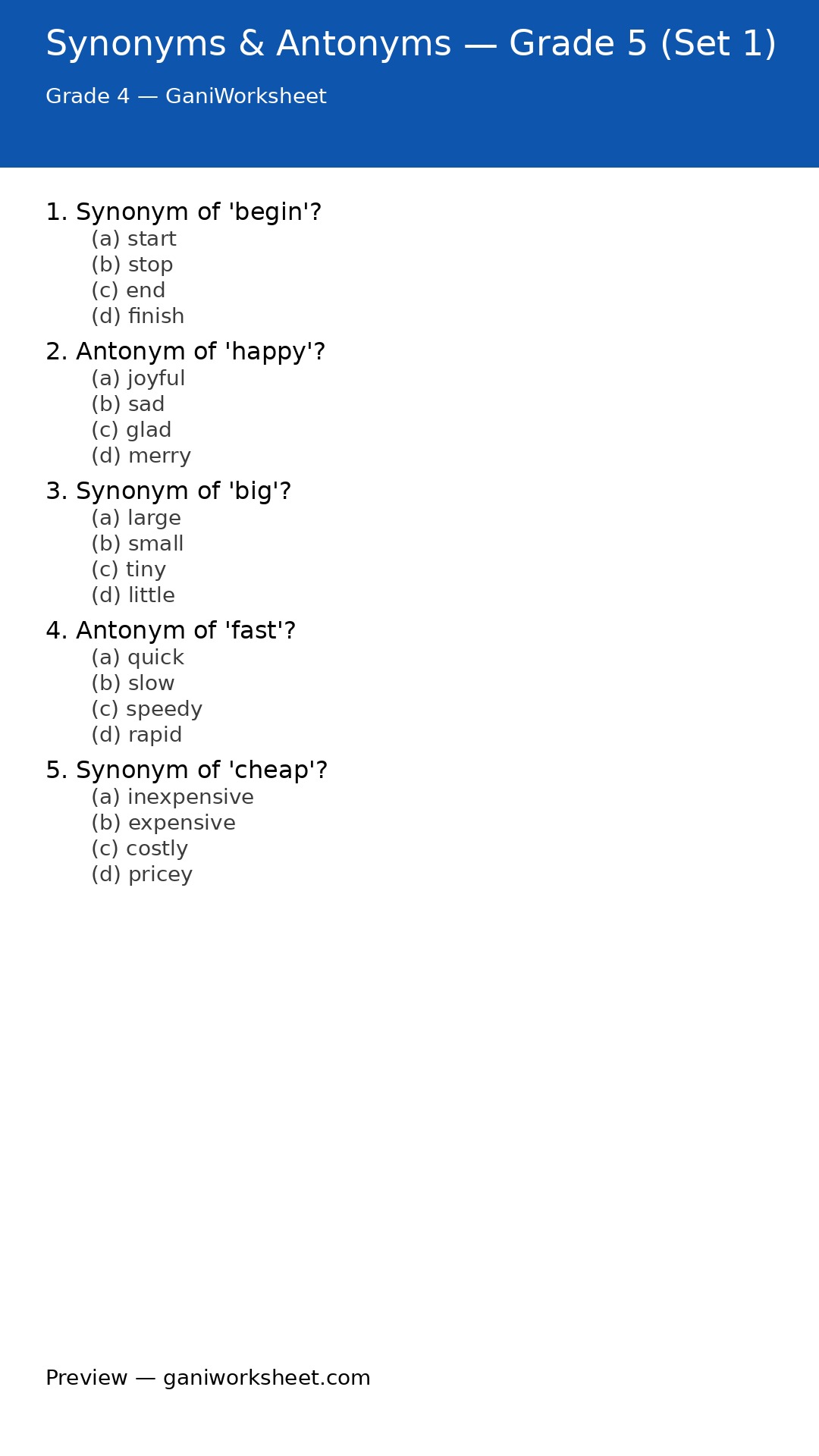 Synonyms & Antonyms — Grade 5 (Set 1) — preview of questions