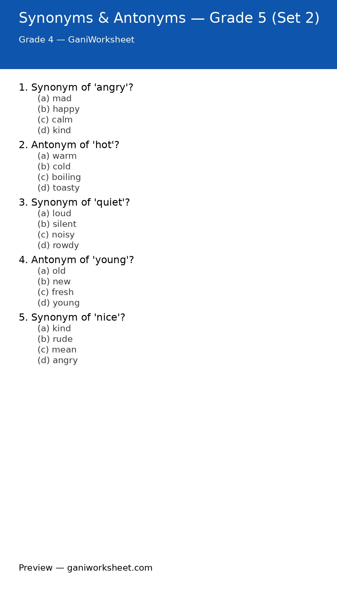 Synonyms & Antonyms — Grade 5 (Set 2) — preview of questions